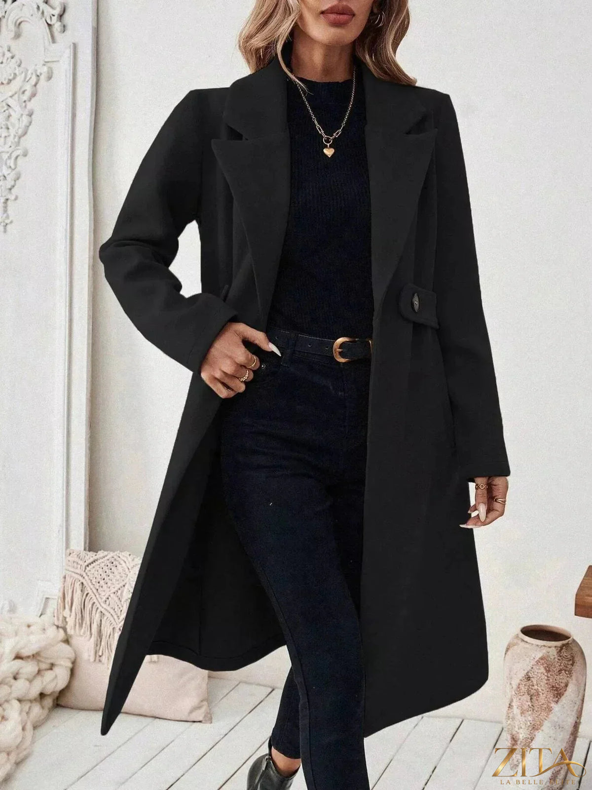Zita La Belle Elite longline coat with lapel collar, stylish outerwear with a sleek silhouette and tailored fit.