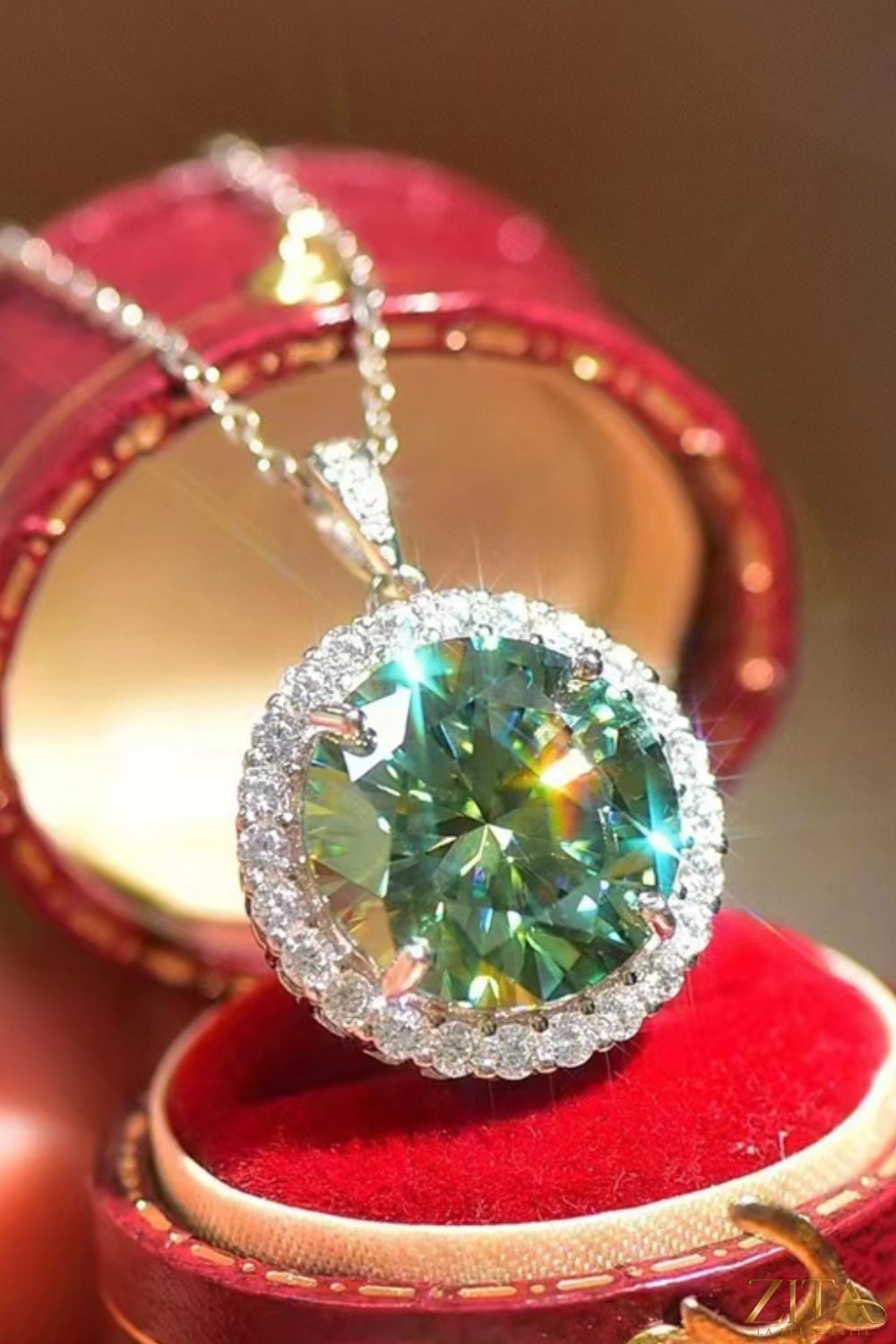 10 carat moissanite pendant on platinum-plated necklace featuring a sparkling gemstone and elegant chain design.