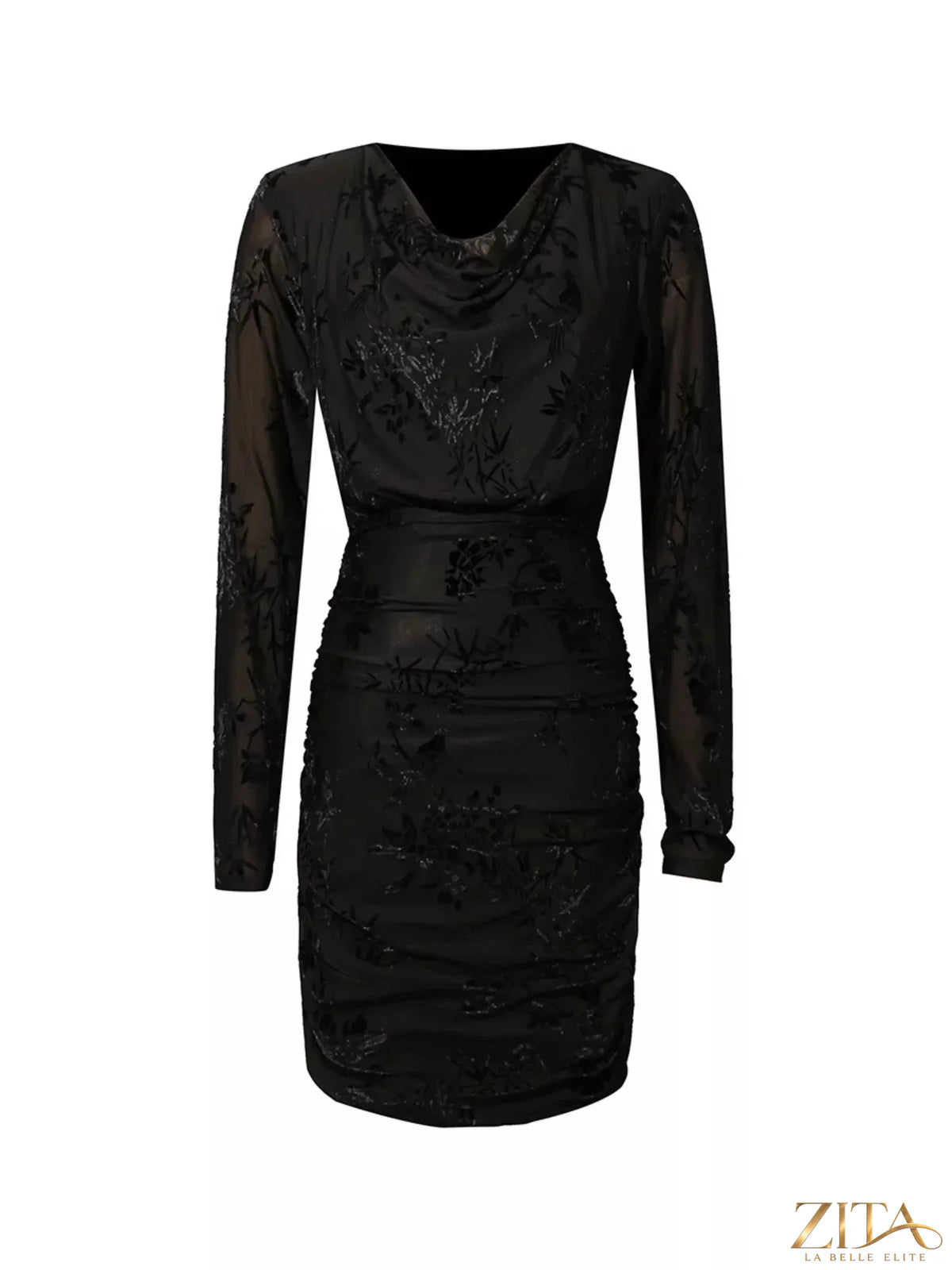 Black ruched long sleeve mini dress by Trendsi, featuring a fitted silhouette and stylish design, shown on a model.