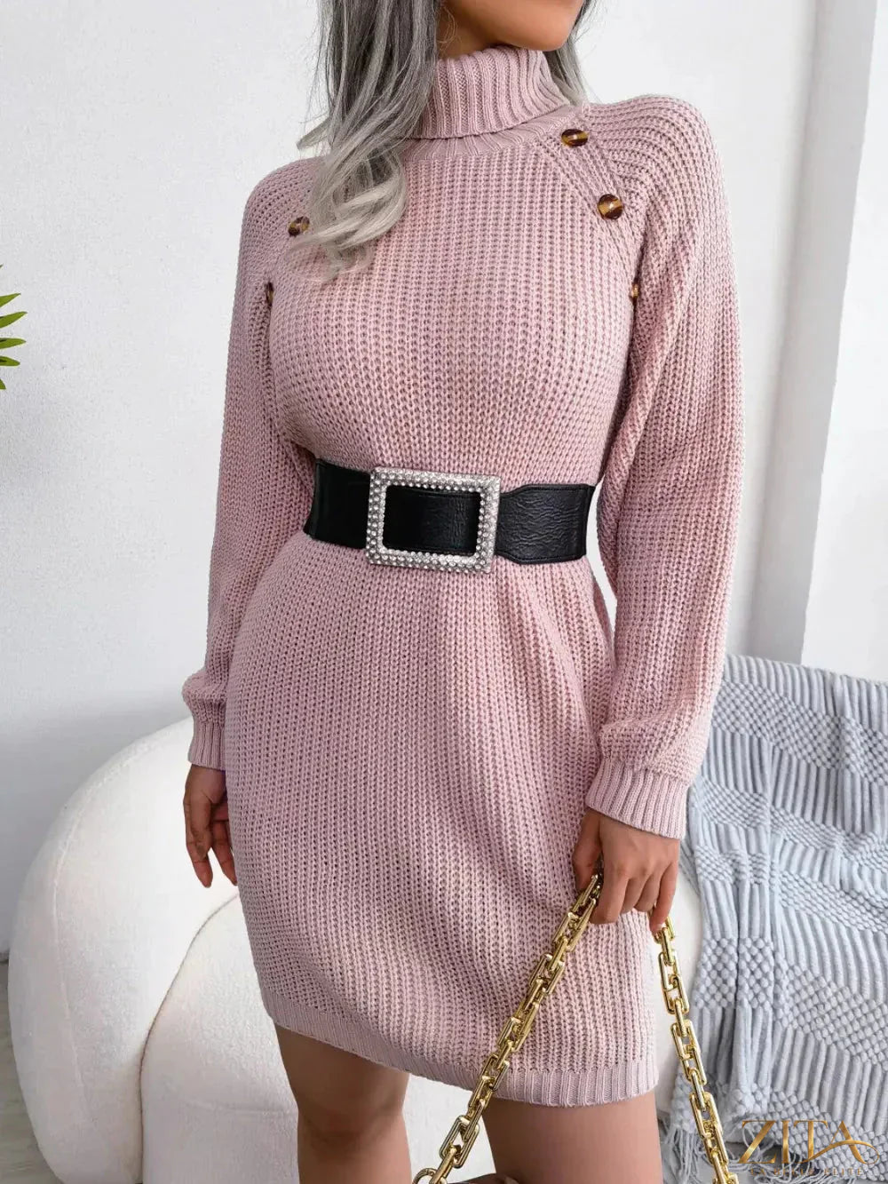 Decorative button turtleneck sweater dress by Trendsi, featuring a cozy knit fabric and stylish buttons on the front.