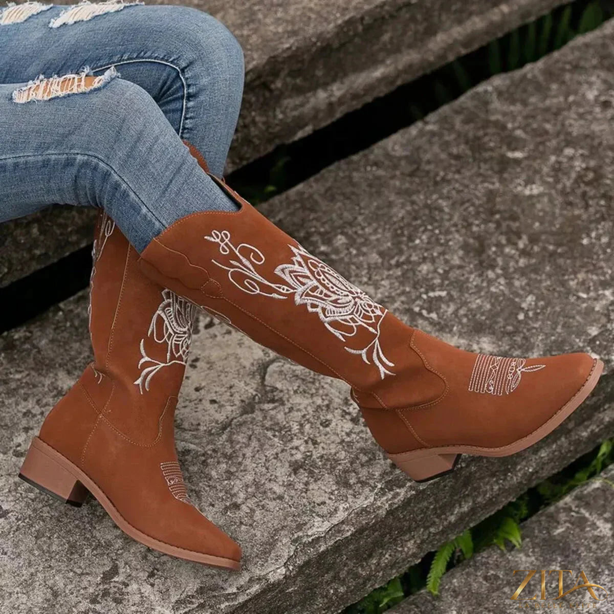 Zita La Belle Elite embroidered block heels boots featuring intricate embroidery, high heels, and stylish ankle-length design.