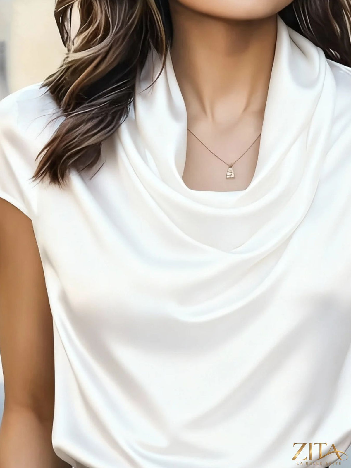 Zita La Belle Elite satin cowl neck blouse in a stylish, elegant design, featuring soft fabric and a draped neckline.