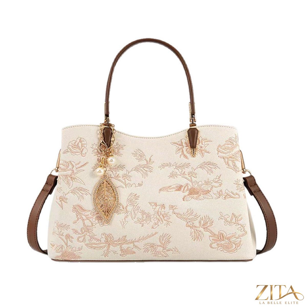 Embroidered floral leather handbag by Zita La Belle Elite with colorful floral embroidery and structured design.