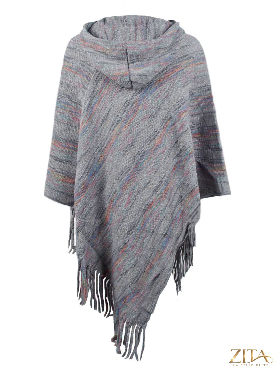 Zita La Belle Elite fringe hem hooded poncho in cozy fabric with flowing tassels and a relaxed fit, ideal for casual wear.