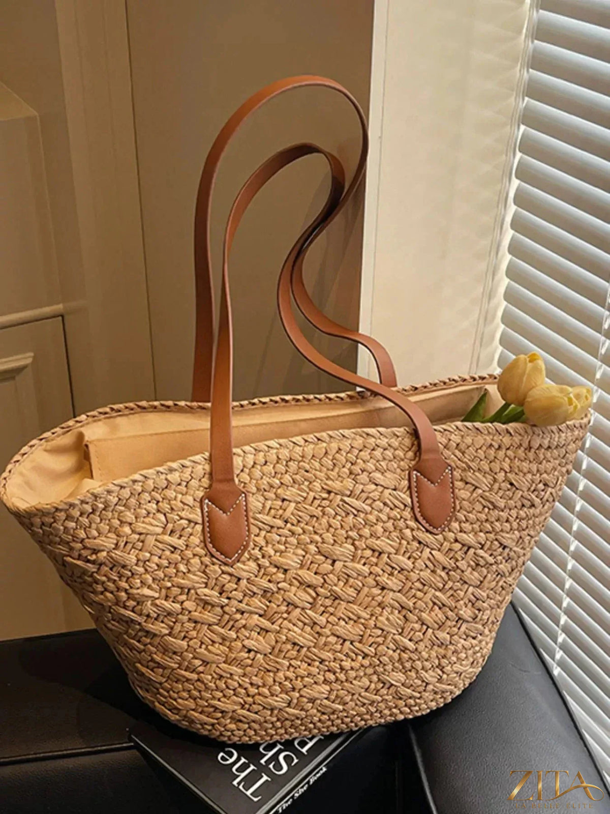 Zita La Belle Elite woven tote shoulder bag with leather handles and spacious interior, perfect for casual and everyday use.
