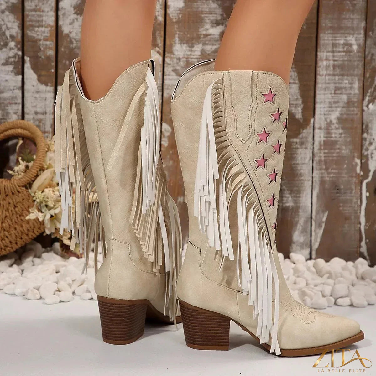 Zita La Belle Elite star fringe block heel boots featuring black leather, star embellishments, and decorative fringe details.