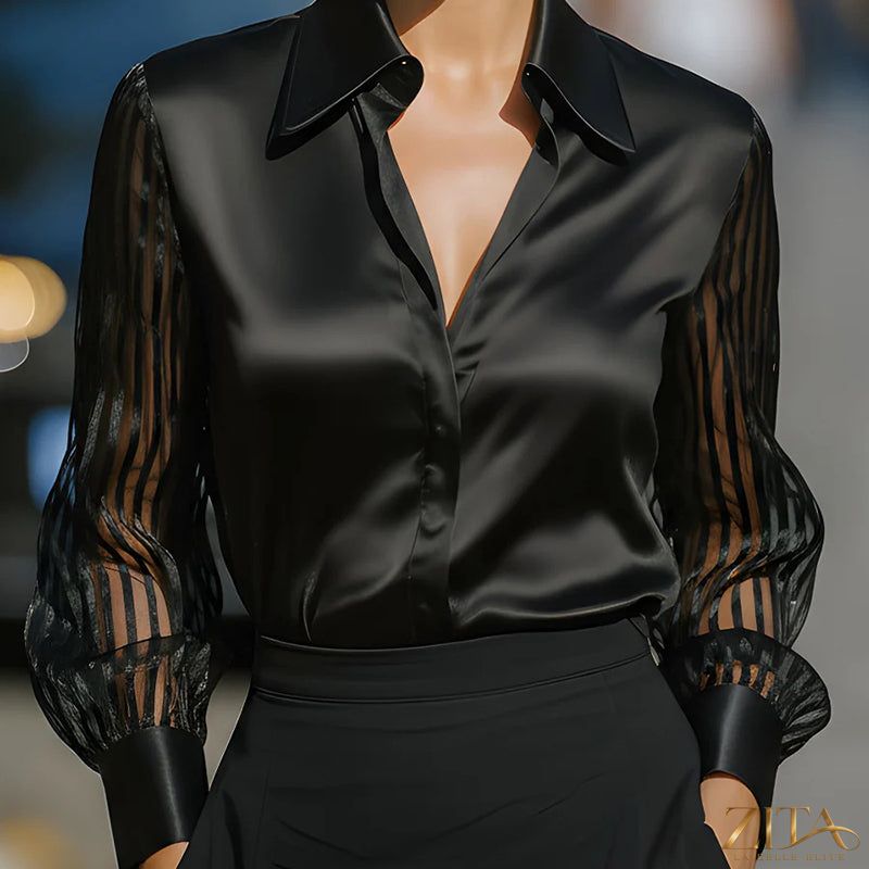 Zita La Belle Elite satin lapel collar sheer long sleeve blouse, casualwear, with elegant satin trim and lightweight, transparent fabric.