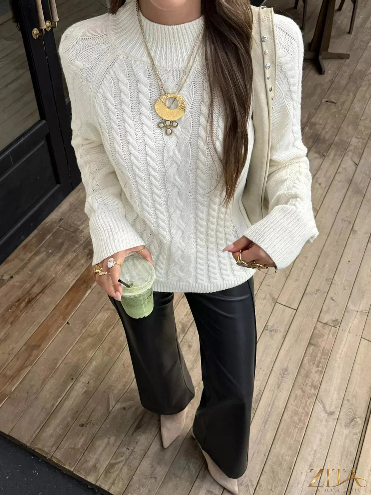 Zita La Belle Elite mock neck cable-knit sweater in cozy knit fabric, featuring a fitted silhouette and textured cable pattern.