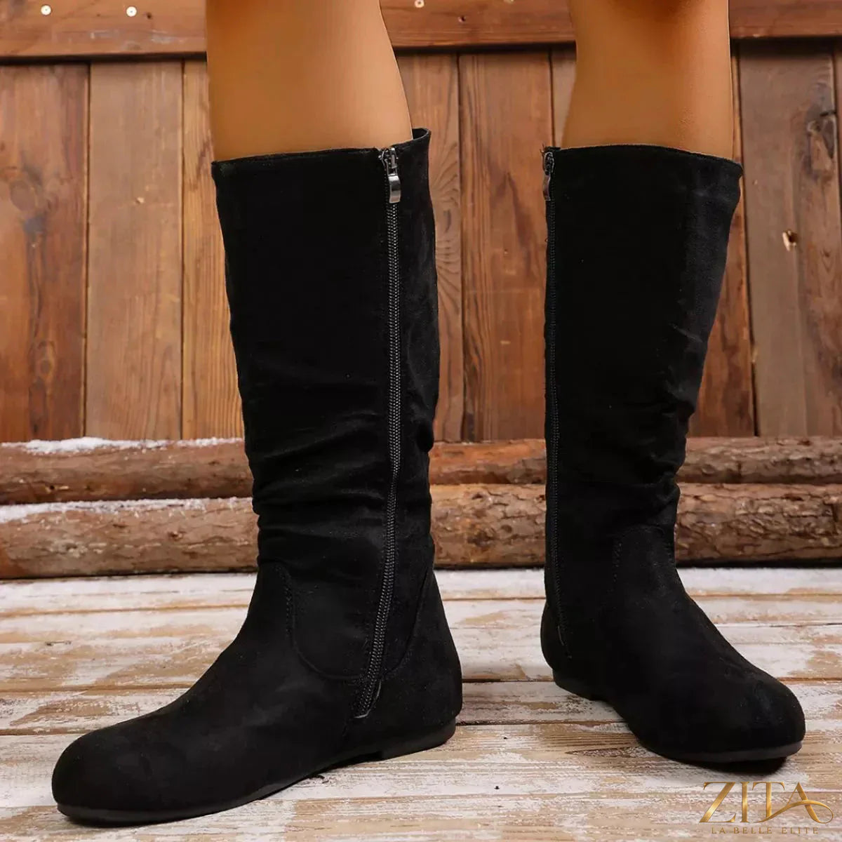 Zita La Belle Elite round toe side zip boots in black leather with chunky heel and silver zipper detail.