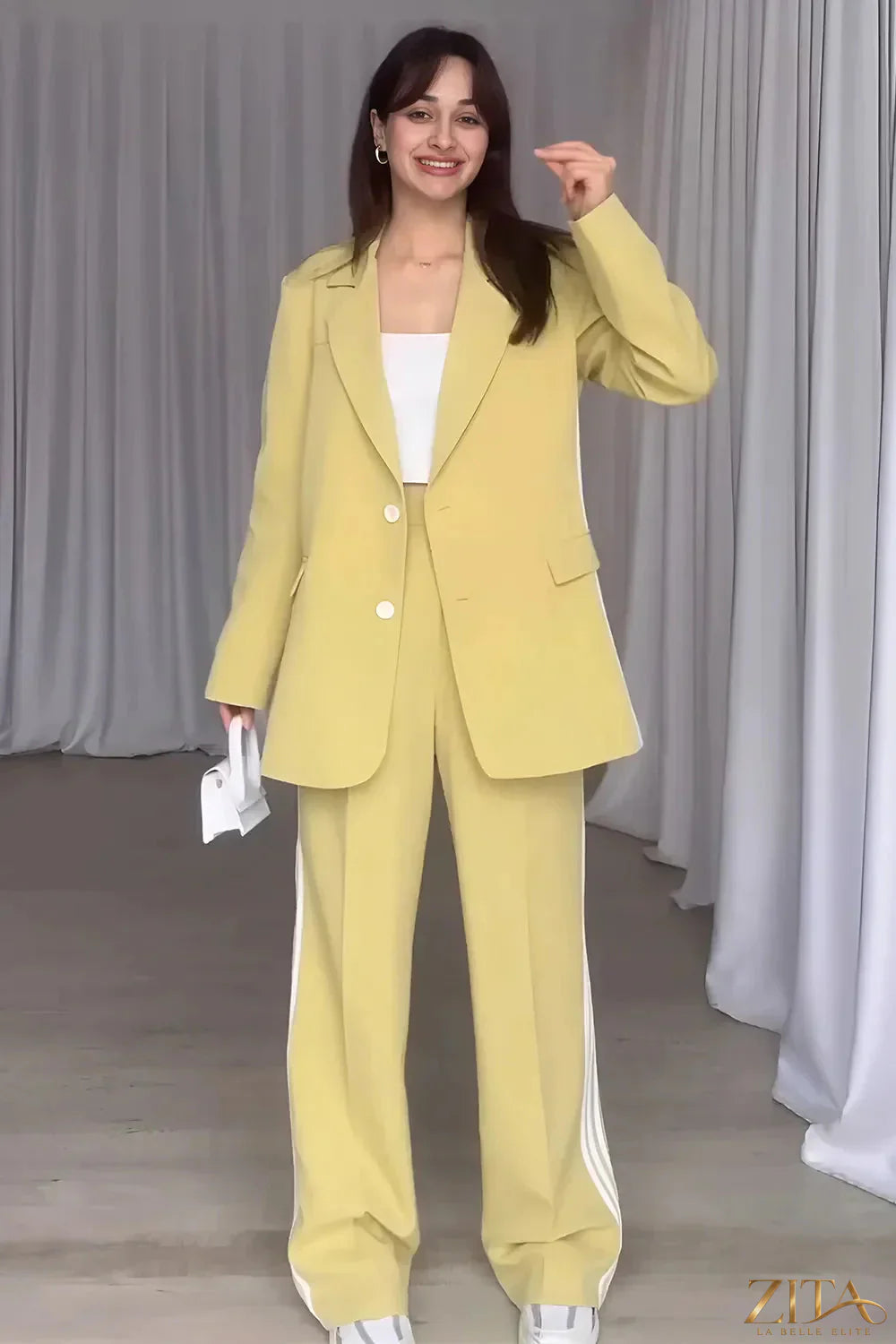 Zita La Belle Elite side striped long sleeve blazer and pants set, featuring a stylish tailored look with contrasting stripe details.