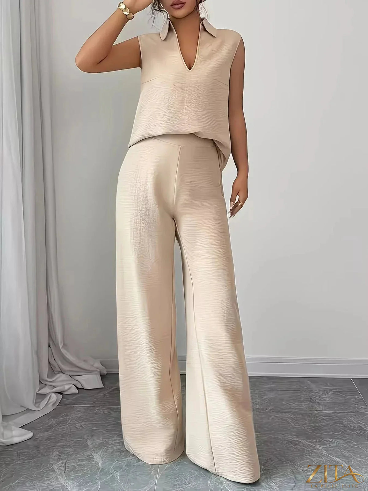 Zita La Belle Elite sleeveless top and wide-leg pants set in soft fabric, styled together for a chic, modern look.