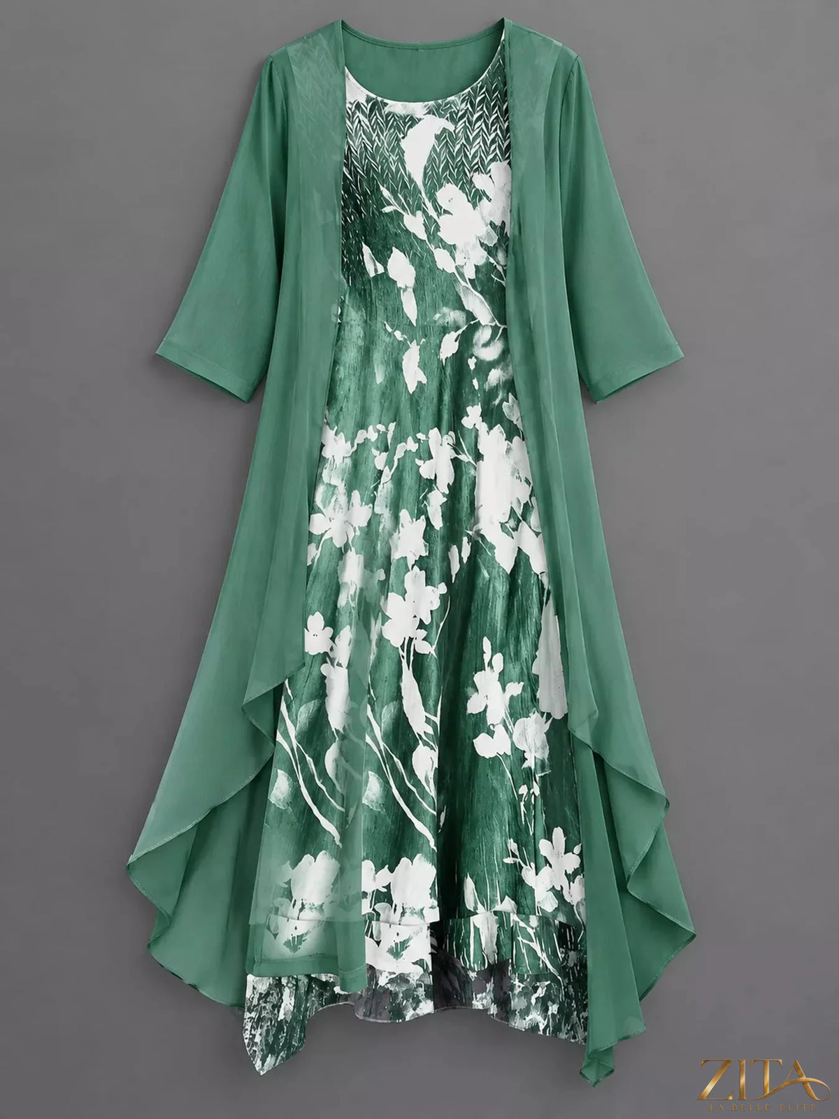 Plus size floral print midi dress and chiffon cardigan set by Zita La Belle Elite, perfect for elegant, comfortable wear