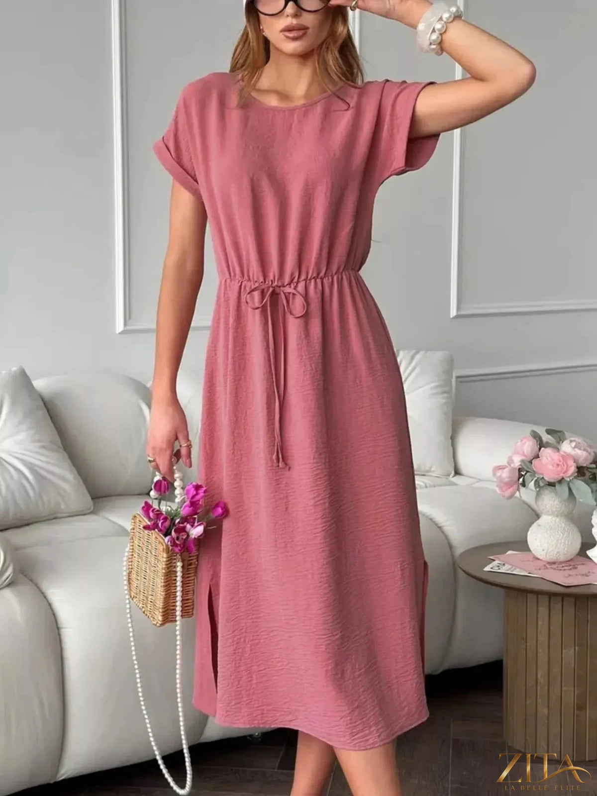Zita La Belle Elite casual midi dress with drawstring waist, lightweight fabric, and simple design perfect for everyday wear.