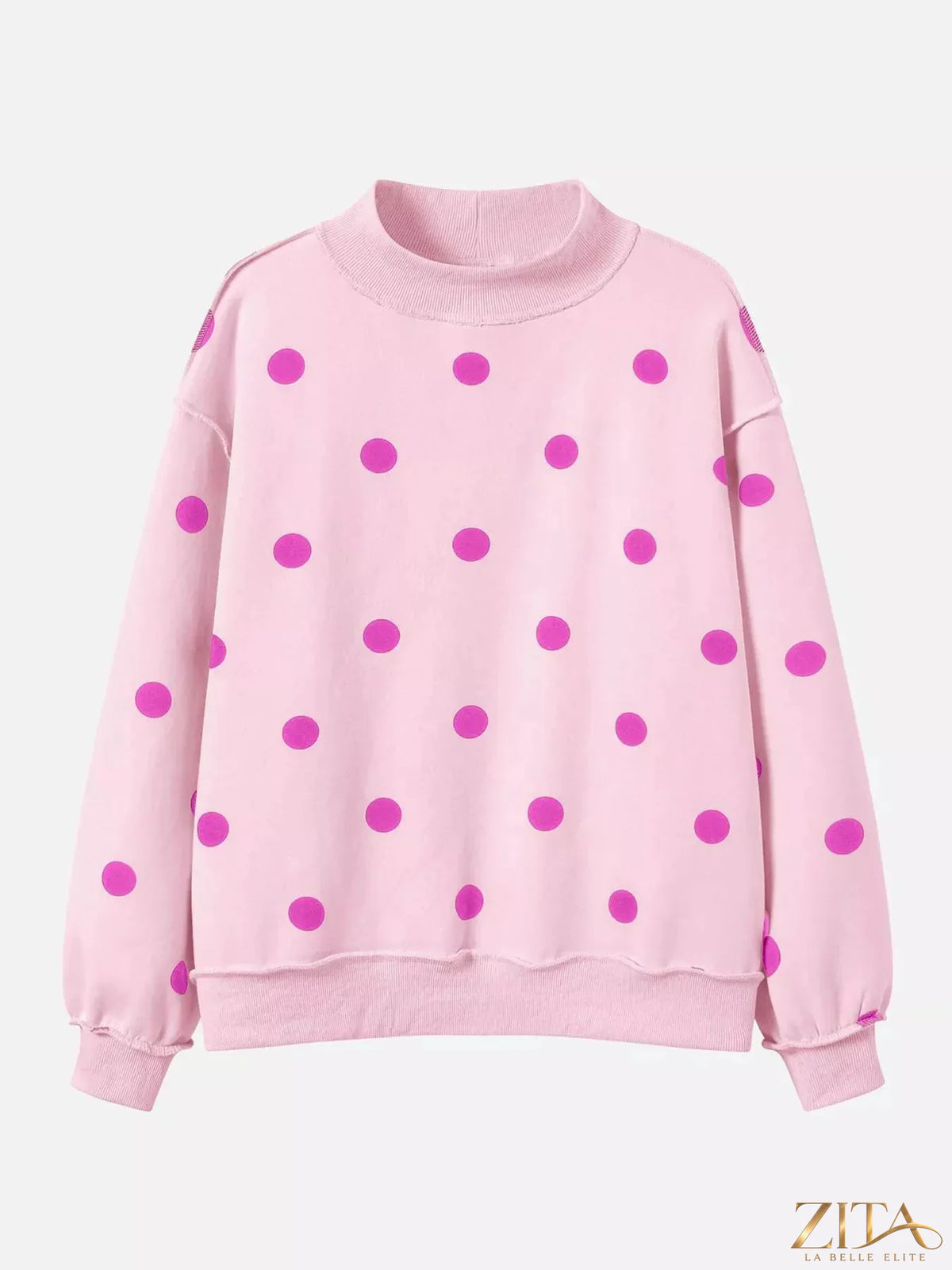 Zita La Belle Elite polka dot oversized sweatshirt with mock neck and relaxed fit, featuring black and white polka dot pattern.