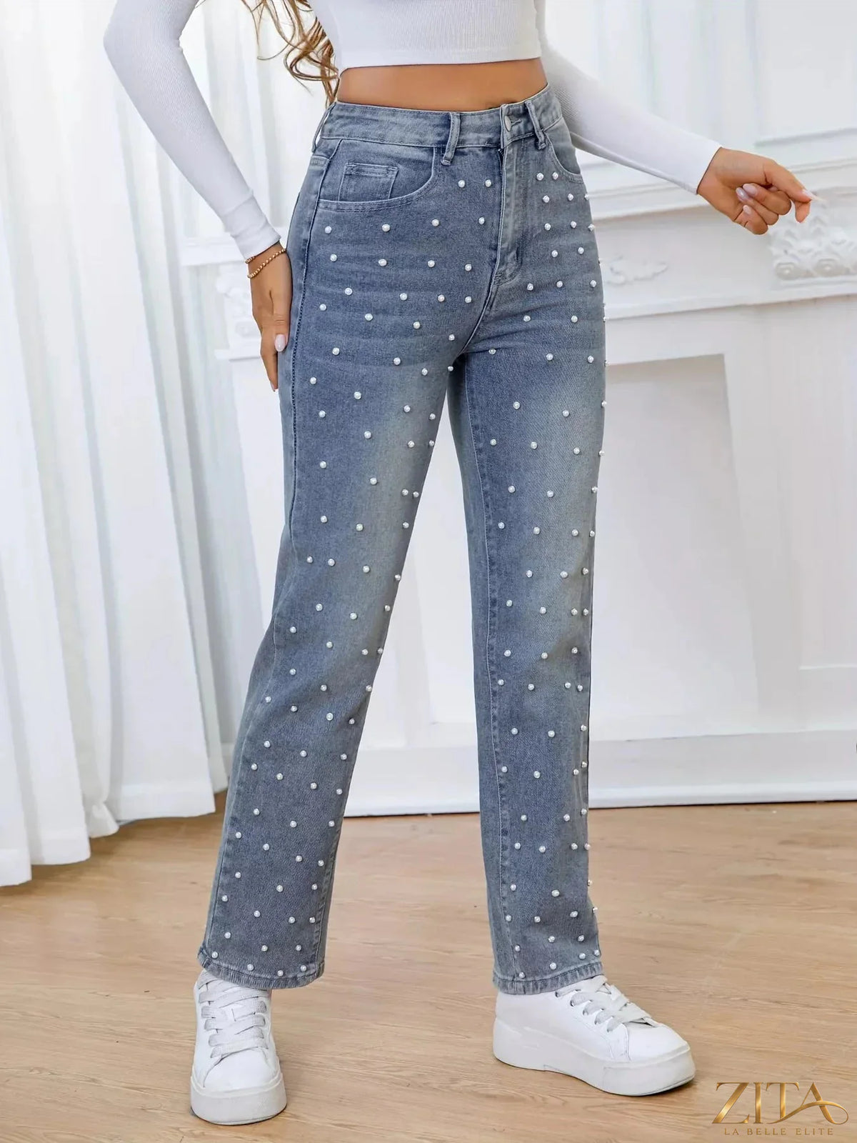Pearl-embellished high waist straight jeans from Zita La Belle Elite, featuring a classic denim fit with decorative pearl details.