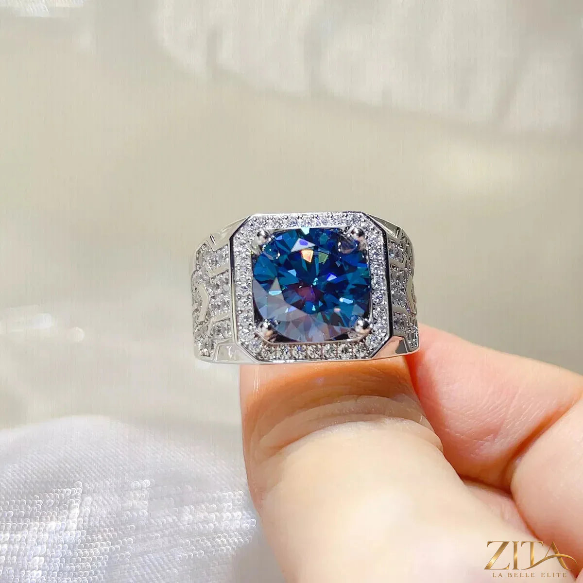 Sterling silver moissanite ring with a 5-carat gemstone, featuring a sleek design and polished finish.
