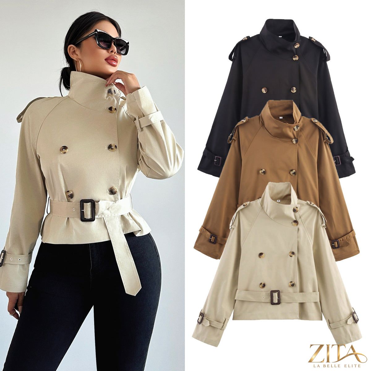 Women's Zita La Belle Elite short trench coat with notch collar, belt buckle detail, stylish jacket for a chic, casual look.