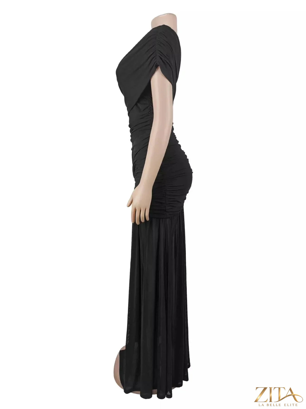 Elegant one-shoulder ruched evening dress with high slit by Zita La Belle Elite, shown in a stylish black fabric.