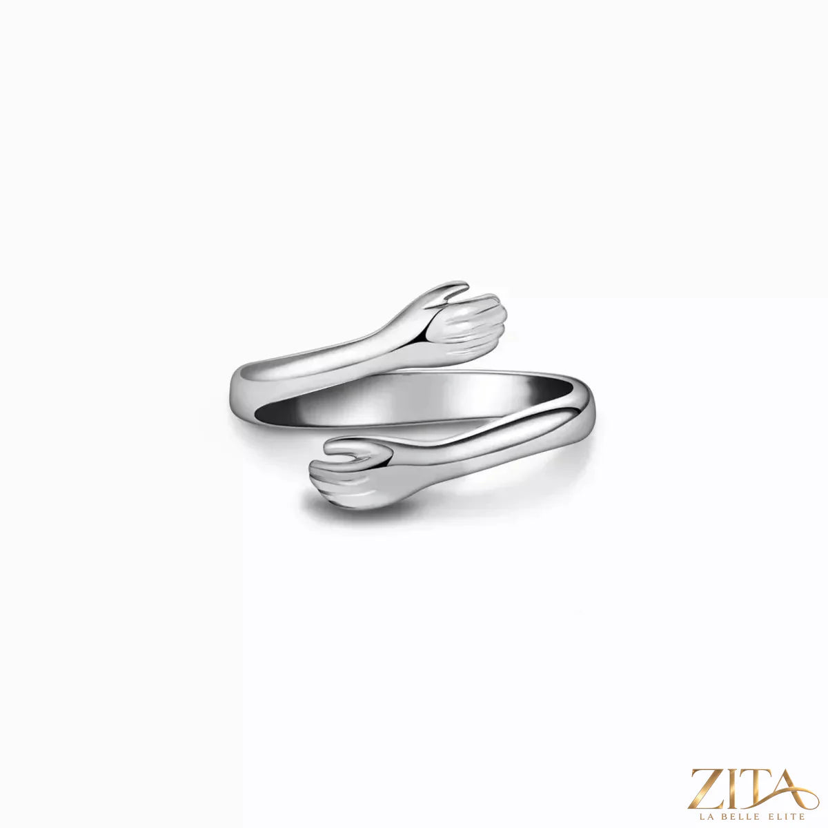 Sterling silver hug bypass ring by Zita La Belle Elite, showcasing a sleek, modern design with smooth, intertwined bands.