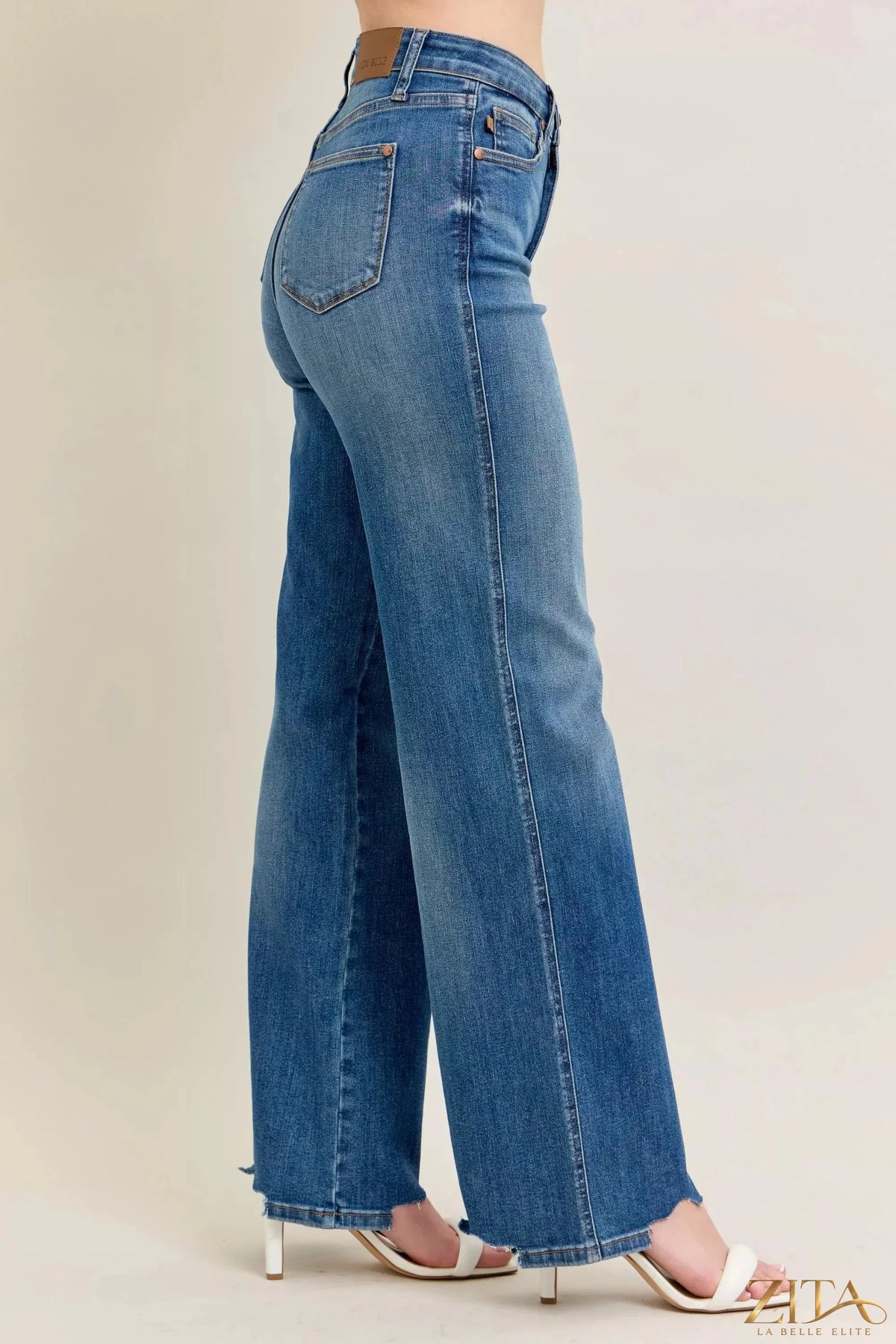 Zita La Belle Elite Judy Blue tummy control distressed wide jeans with frayed hems and five-pocket design, front and back views.