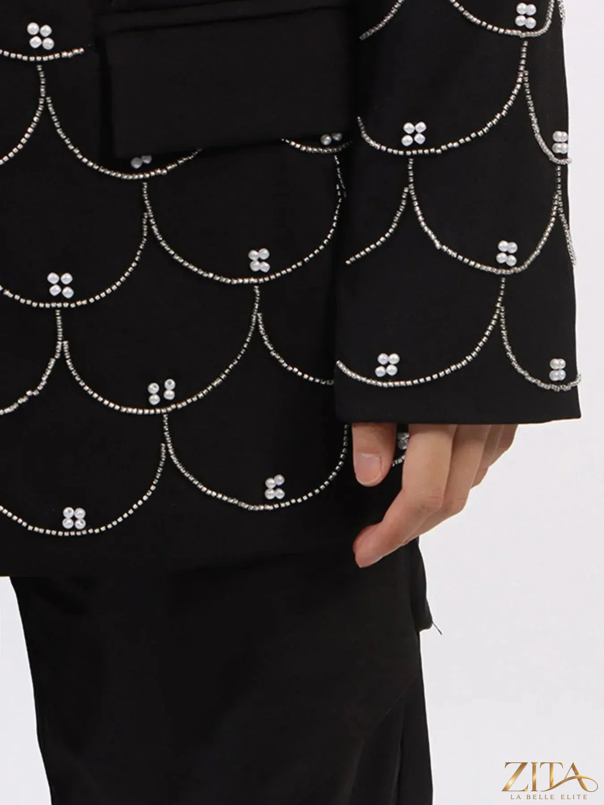 Zita La Belle Elite pearl detail long sleeve blazer featuring a tailored fit and elegant design with pearl embellishments.