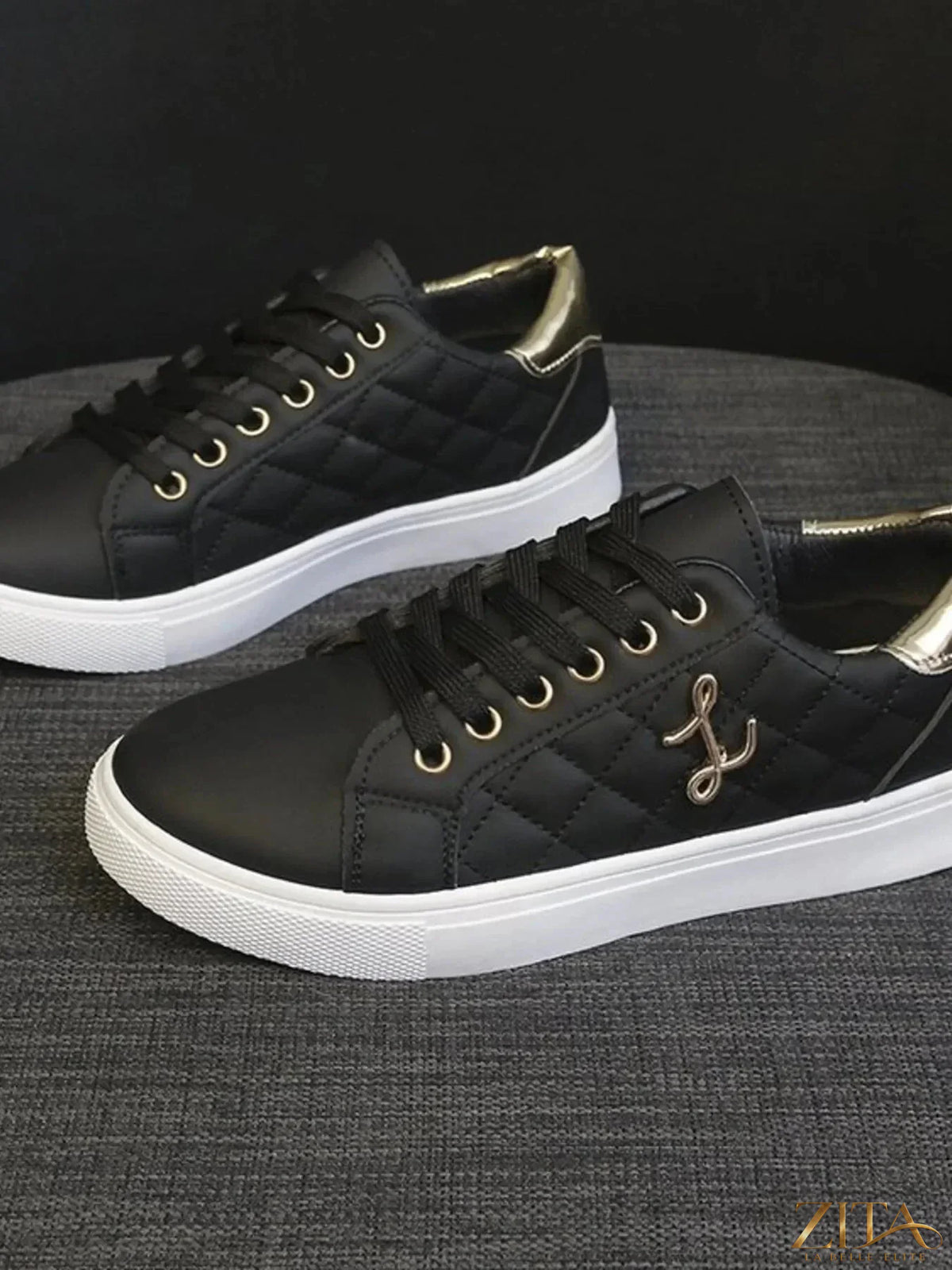 Zita La Belle Elite quilted platform sneakers with metallic gold accents, stylish and comfortable footwear for trendy fashion.