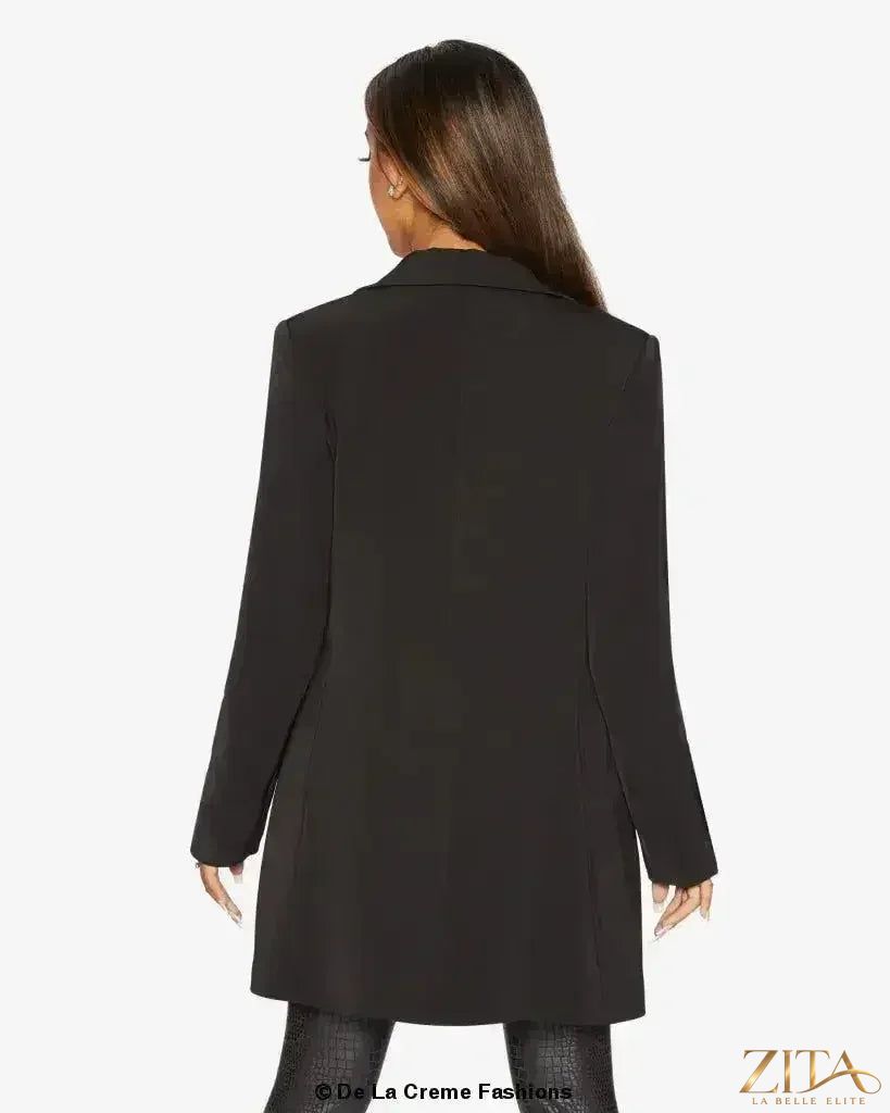 Zita La Belle Elite women's formal longline blazer with a collared neckline, tailored fit, and structured design for elegant office wear.