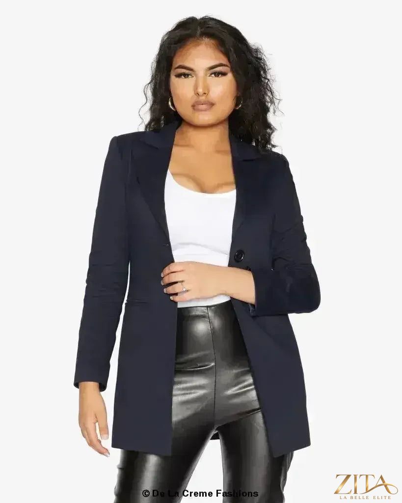 Zita La Belle Elite women's formal longline blazer with a collared design, tailored fit, and structured silhouette.