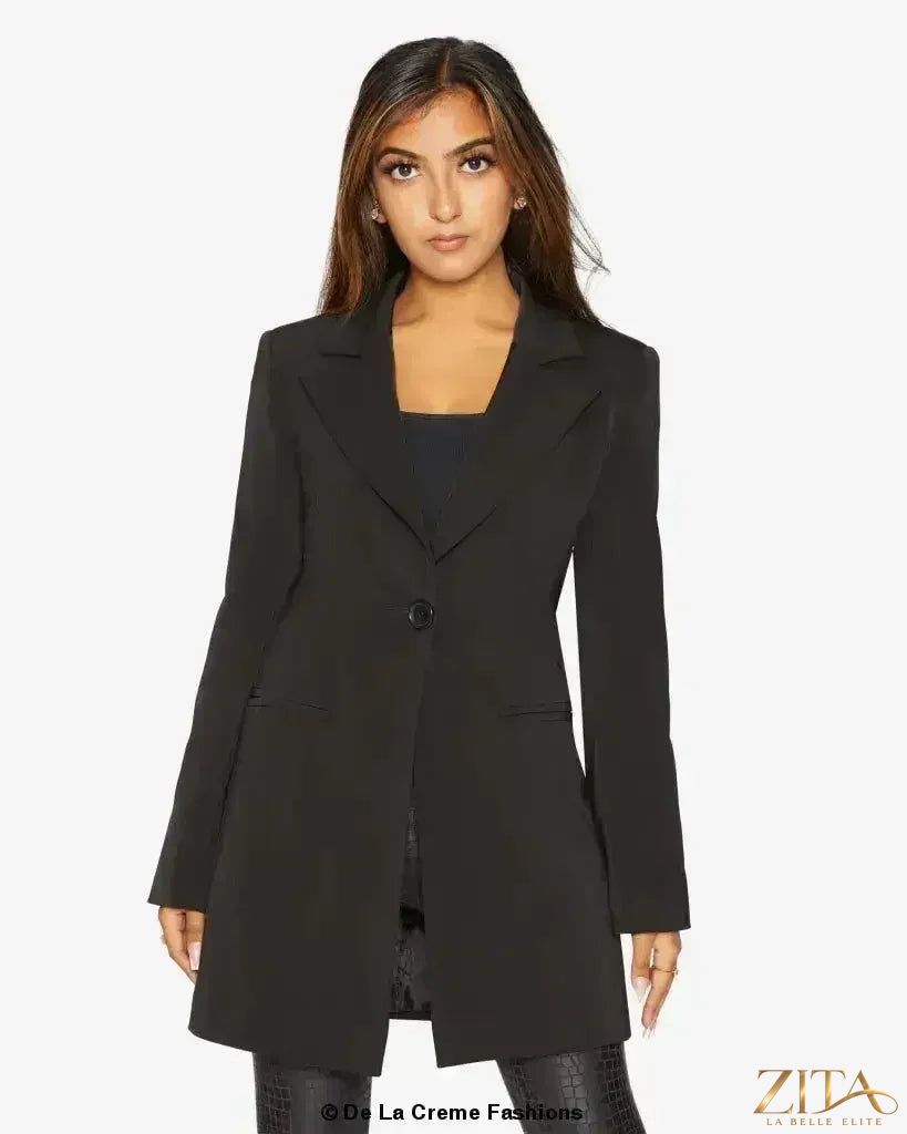 Zita La Belle Elite women's formal longline blazer with a collared design, tailored fit, and sleek professional style.