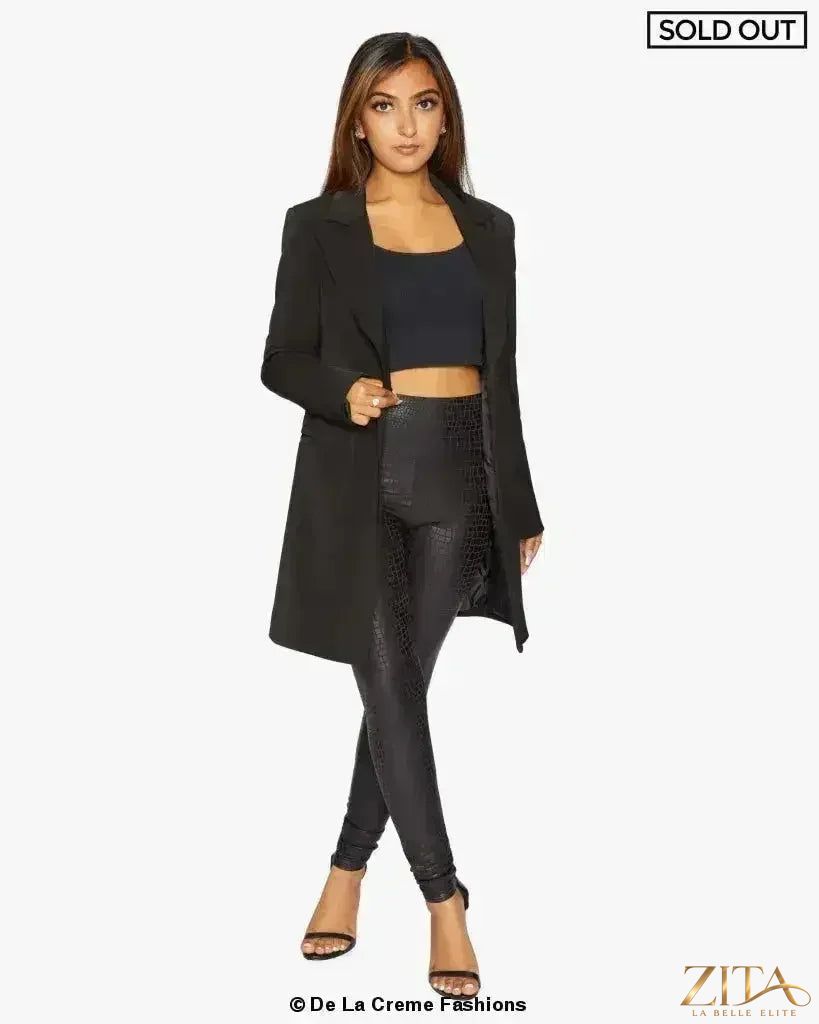 Black Zita La Belle Elite women's longline blazer with collar, formal design, tailored fit, and stylish lapel details.