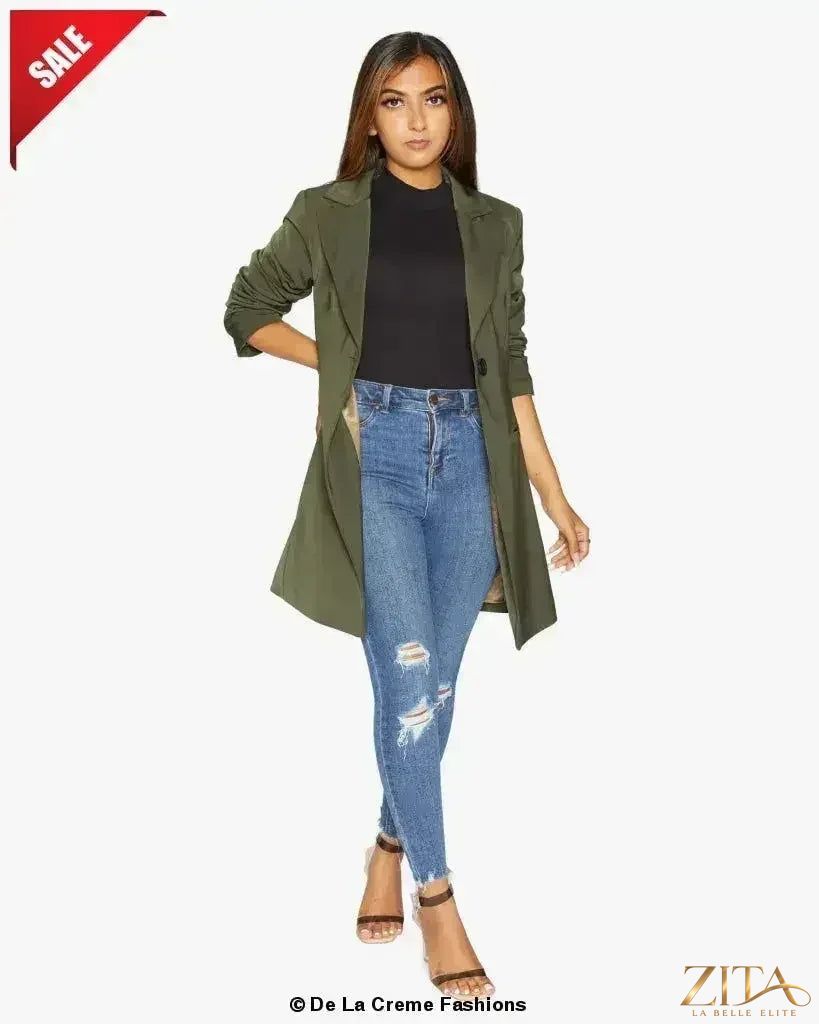Khaki women's longline blazer with a collar by Zita La Belle Elite, formal style, tailored fit, suitable for professional or dressy occasions.