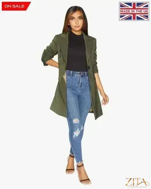 Khaki women's longline blazer with collar by Zita La Belle Elite, formal style, tailored fit, shown on model.