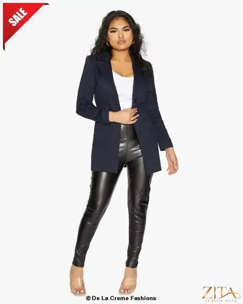 Navy blue women's formal longline blazer with collar by Zita La Belle Elite, tailored for a sophisticated look.