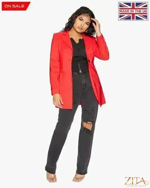 Red women's longline blazer with a collar from Zita La Belle Elite, formal blazer suitable for professional or dressy occasions.