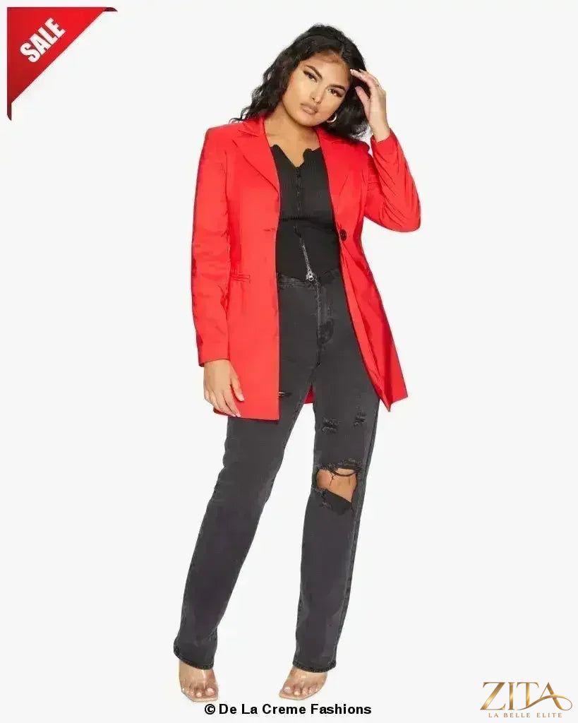 Red longline blazer for women by Zita La Belle Elite, featuring a collared design and tailored fit for formal occasions.