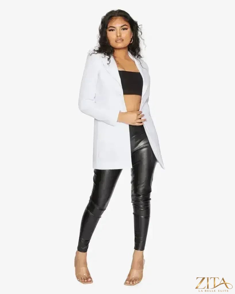 White women's longline blazer with a collar from Zita La Belle Elite, perfect for formal or professional attire.