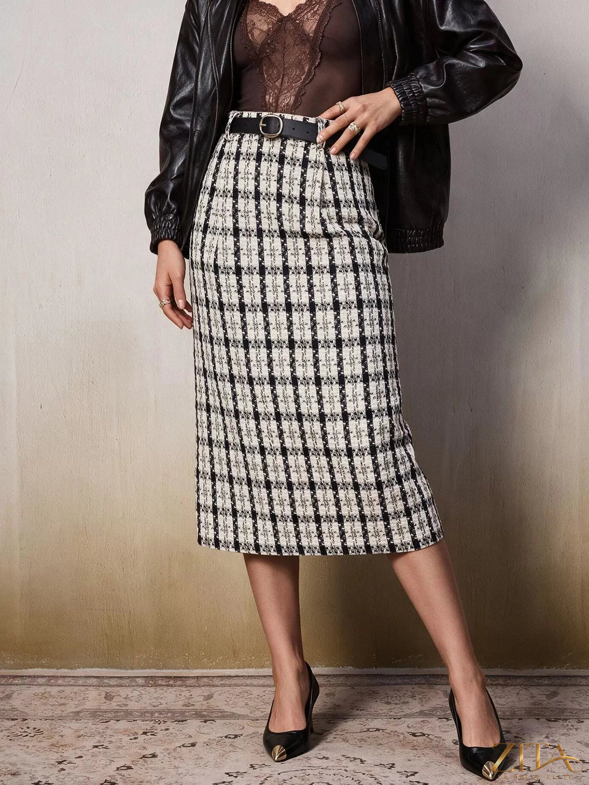 Zita La Belle Elite high-waisted tweed plaid midi skirt, featuring a classic pattern and tailored fit, shown on a model.