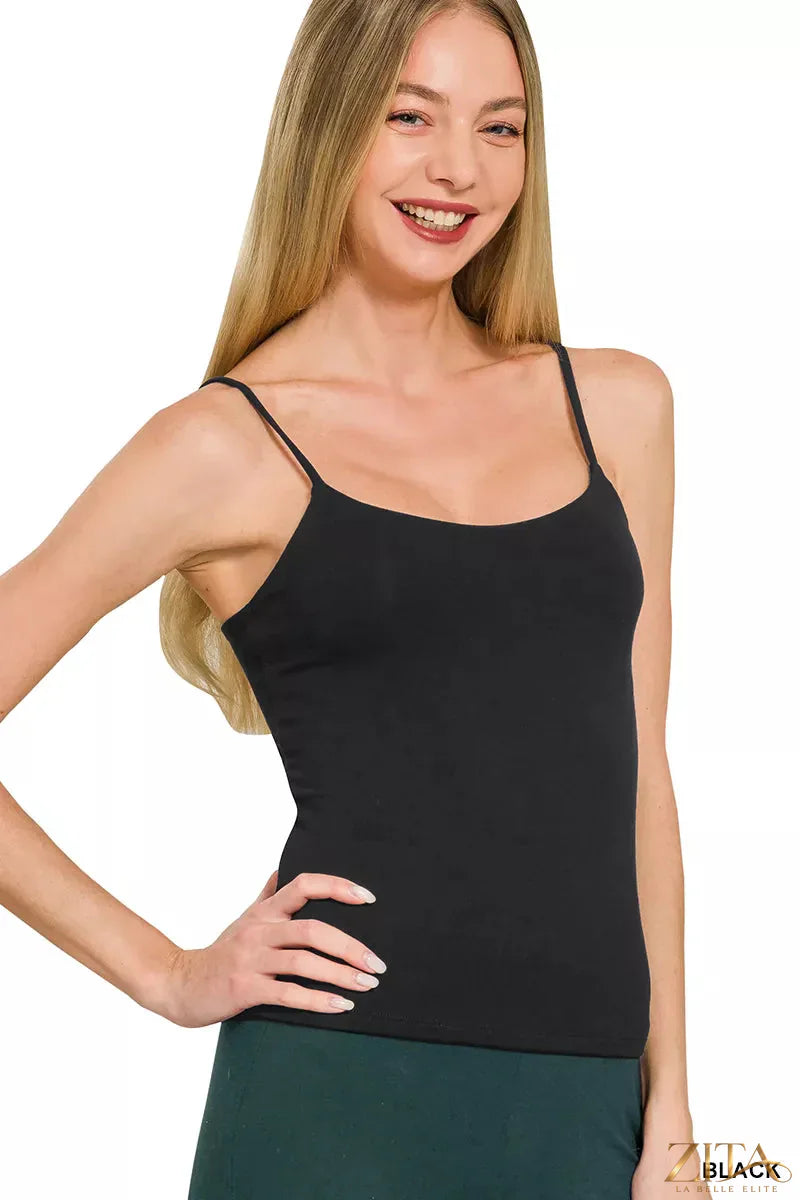 Zita La Belle Elite Zenana double layered round neck spaghetti cami in neutral color, showcasing its soft fabric and layered design.