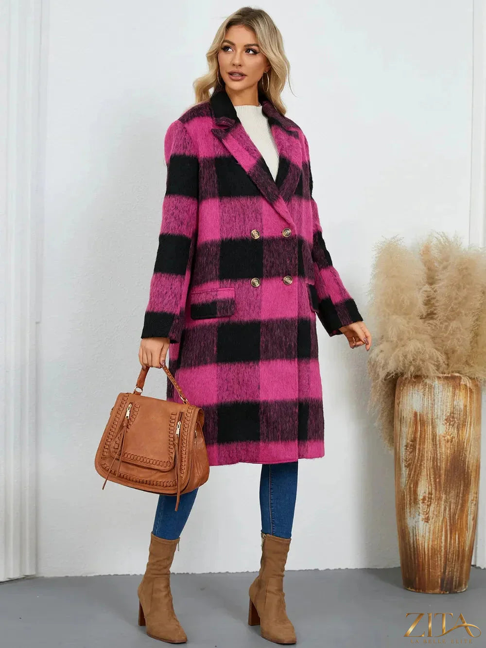 Zita La Belle Elite plaid double-breasted long sleeve coat with classic pattern, tailored fit, and stylish design.