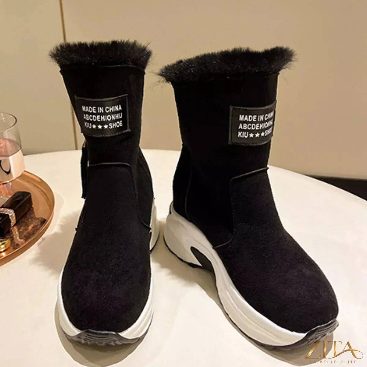 Zita La Belle Elite women's side zipper platform boots with chunky heels and black leather finish.