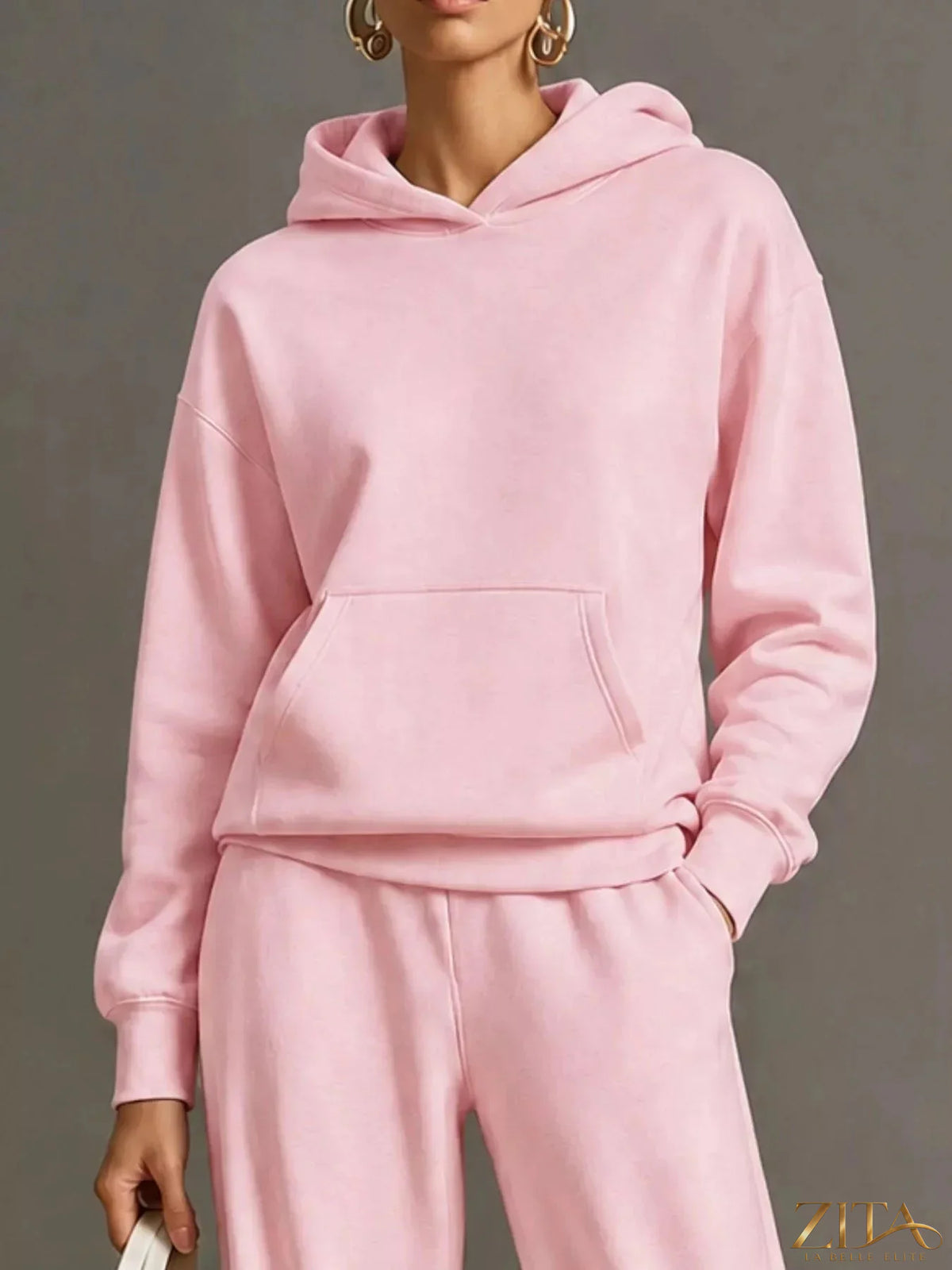 Zita La Belle Elite kangaroo pocket hoodie and pants set, two-piece casual loungewear with front pocket and comfortable fit.