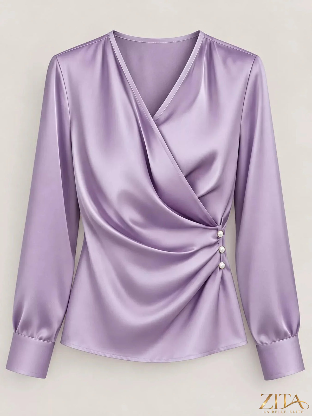 Zita La Belle Elite satin surplice long sleeve blouse in elegant fabric with a V-neck and fitted design.
