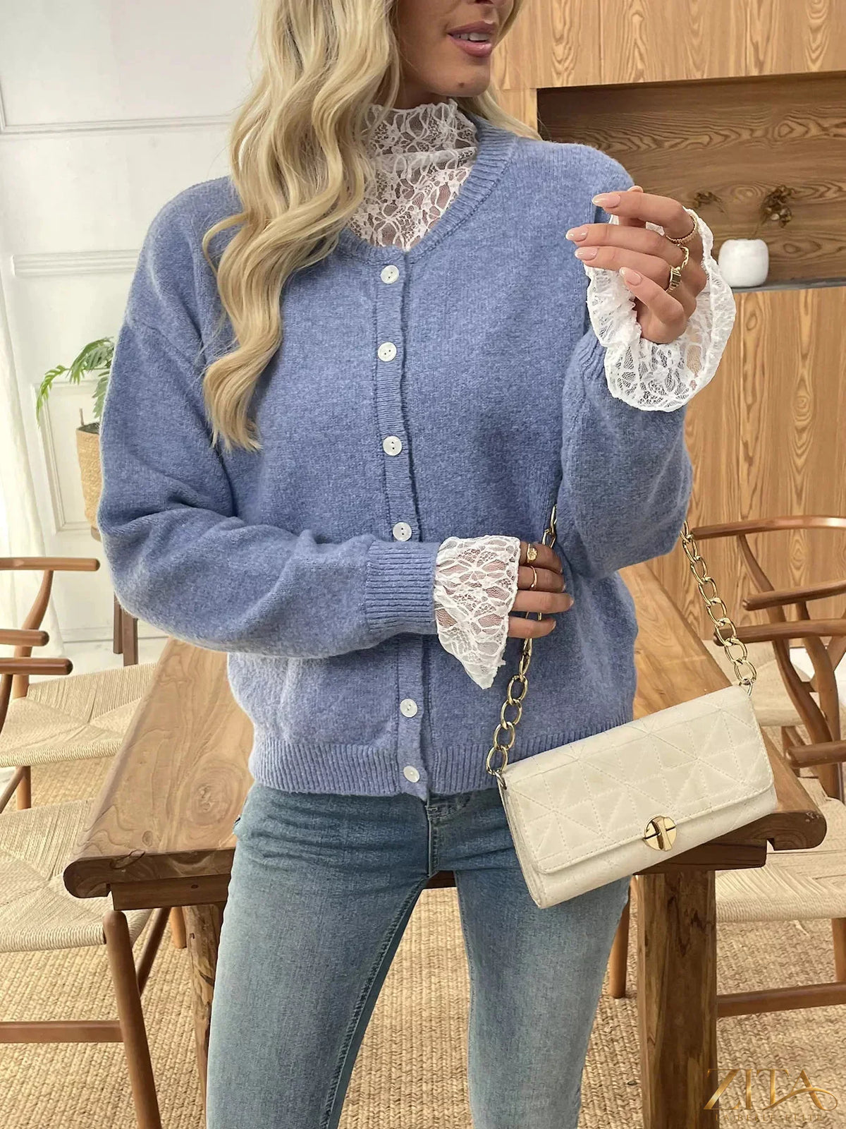 Zita La Belle Elite button-down cardigan with delicate lace trim, featuring soft knit fabric and classic design, front view.