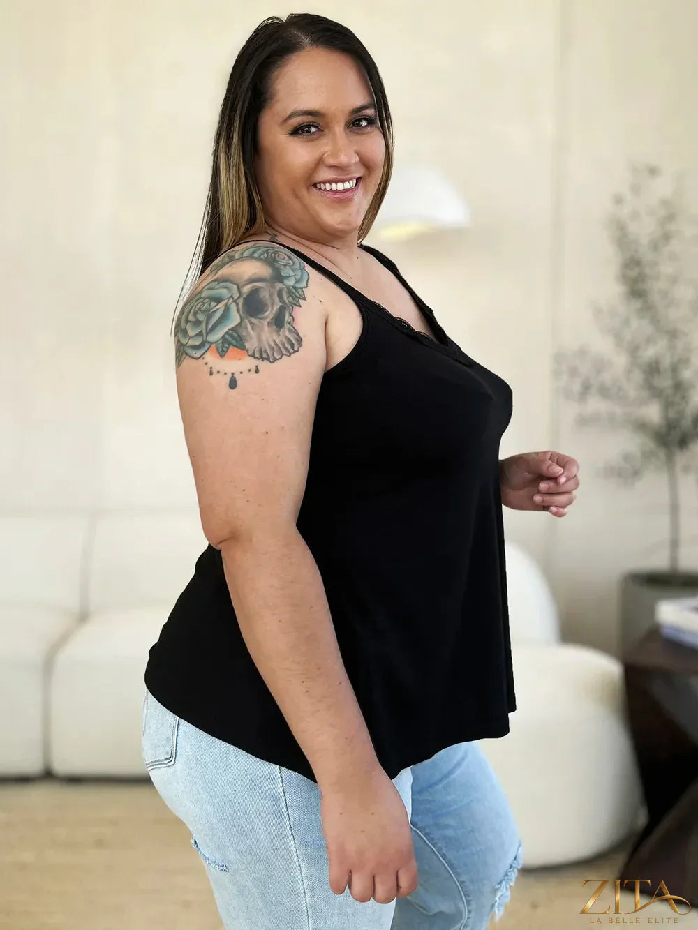 Zita La Belle Elite Basic Bae full-size lace detail V-neck cutout cami top, featuring delicate lace accents and a flattering V-neck.