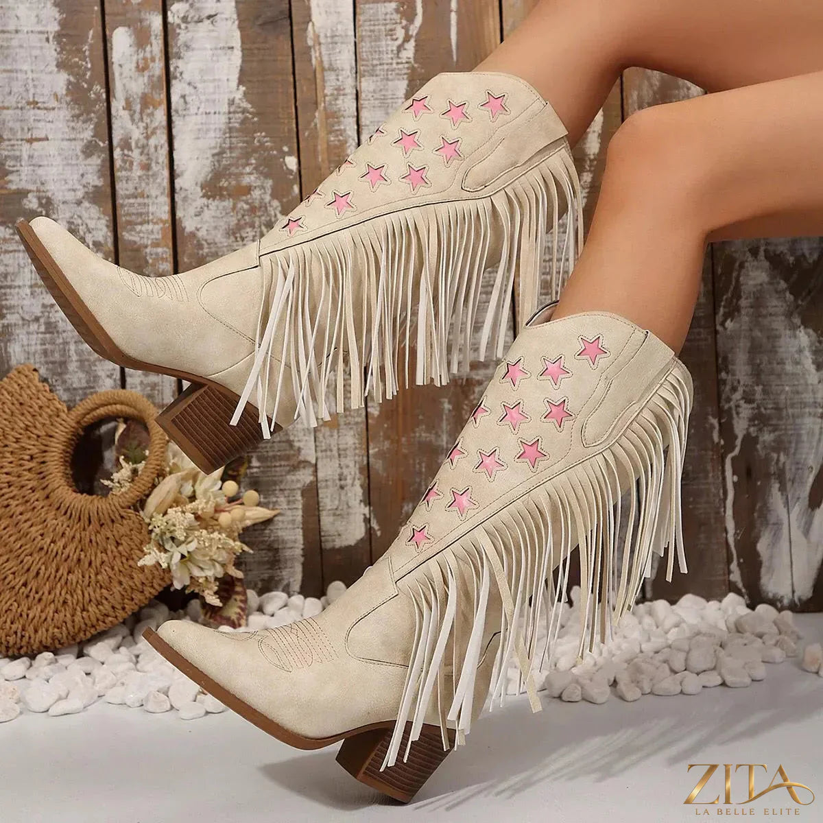 Zita La Belle Elite star fringe block heel boots with black leather and decorative star fringe detailing.