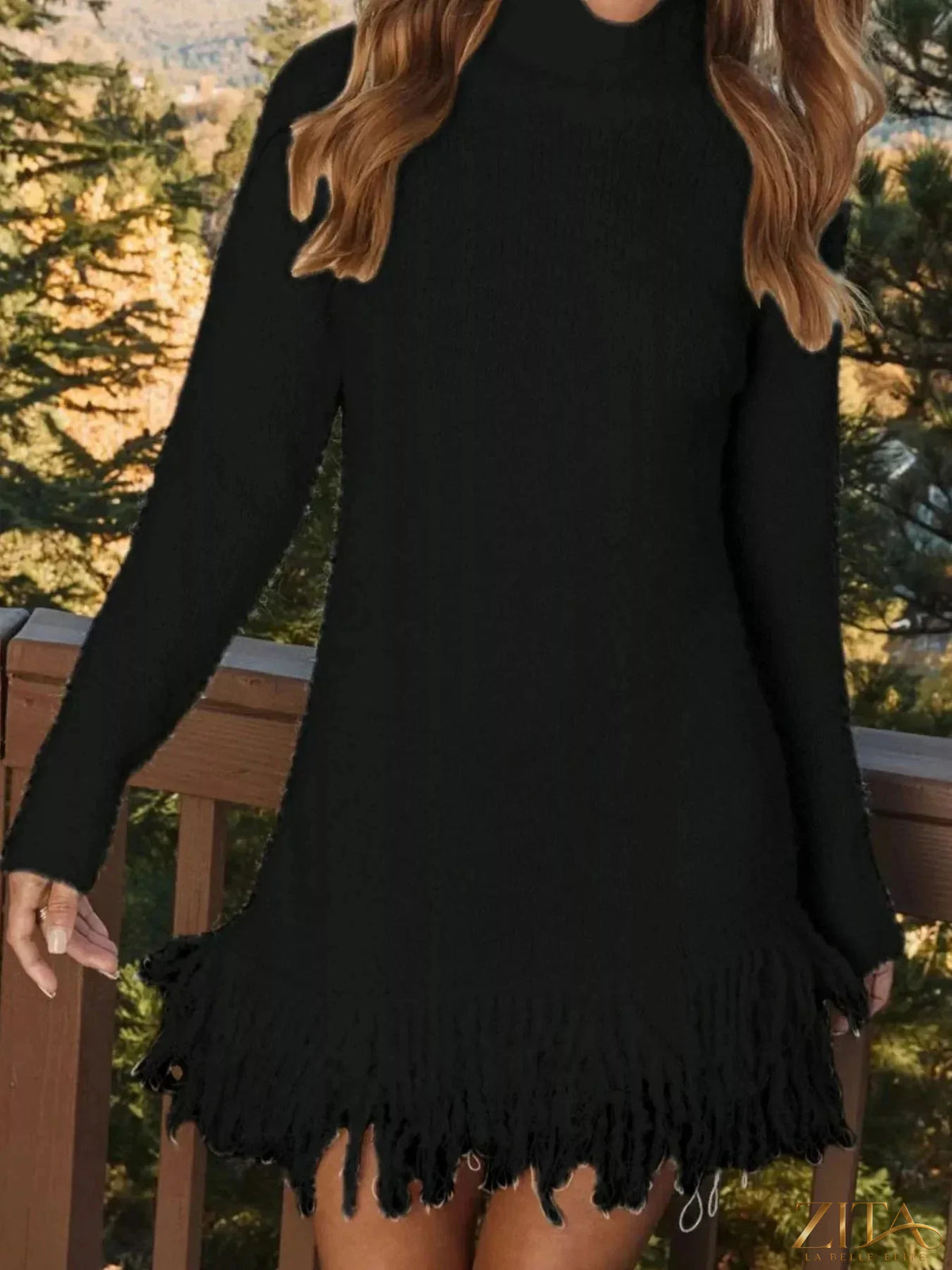 Long sleeve Fringe Turtleneck Sweater Dress by Trendsi featuring a stylish fringed hem and fitted silhouette.