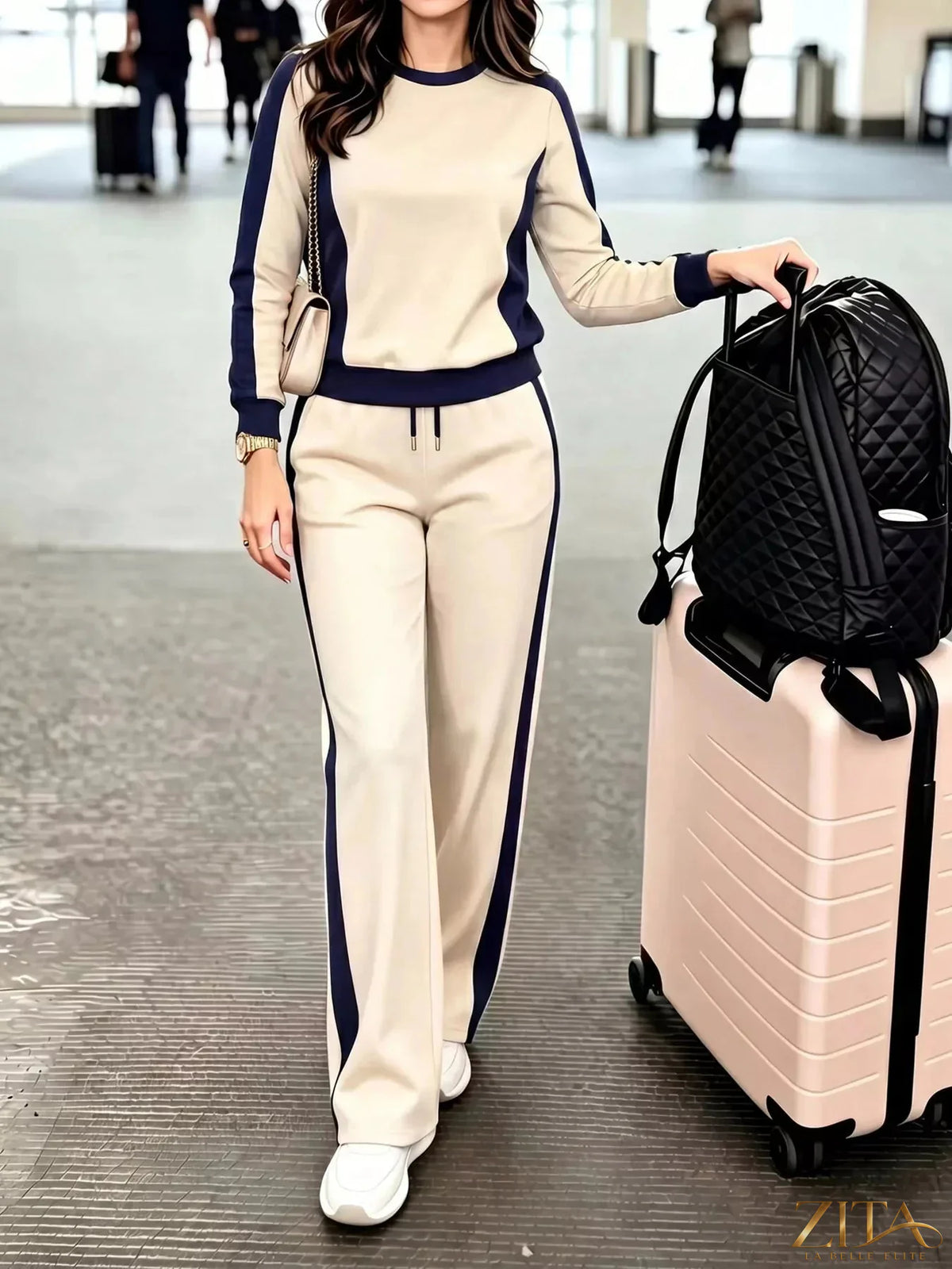 Zita La Belle Elite contrast side stripes top and pants set, stylish matching activewear with bold stripe details.