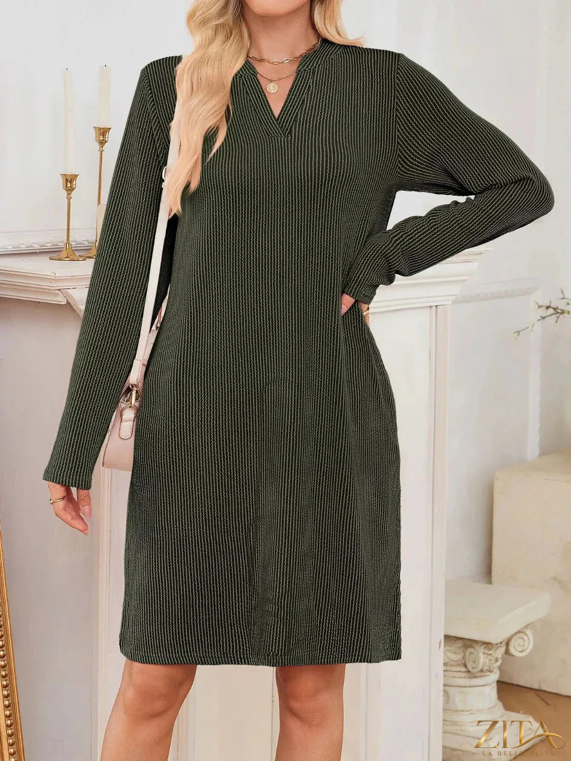 Zita La Belle Elite casual ribbed knit long sleeve dress in beige, fitted with a round neckline and ribbed texture.