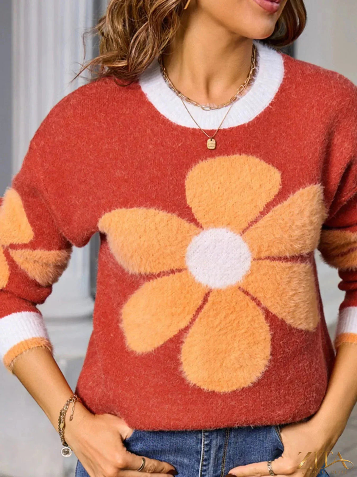 Zita La Belle Elite flower round neck sweater with floral pattern, soft knit fabric, and comfortable fit.