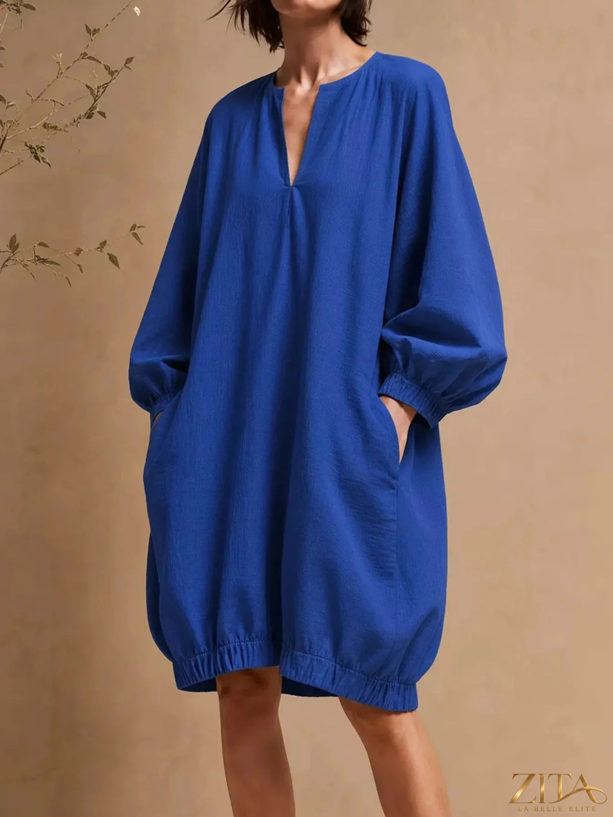 Zita La Belle Elite casual loose-fit mini dress with balloon sleeves and side pockets, perfect for a relaxed, stylish look.